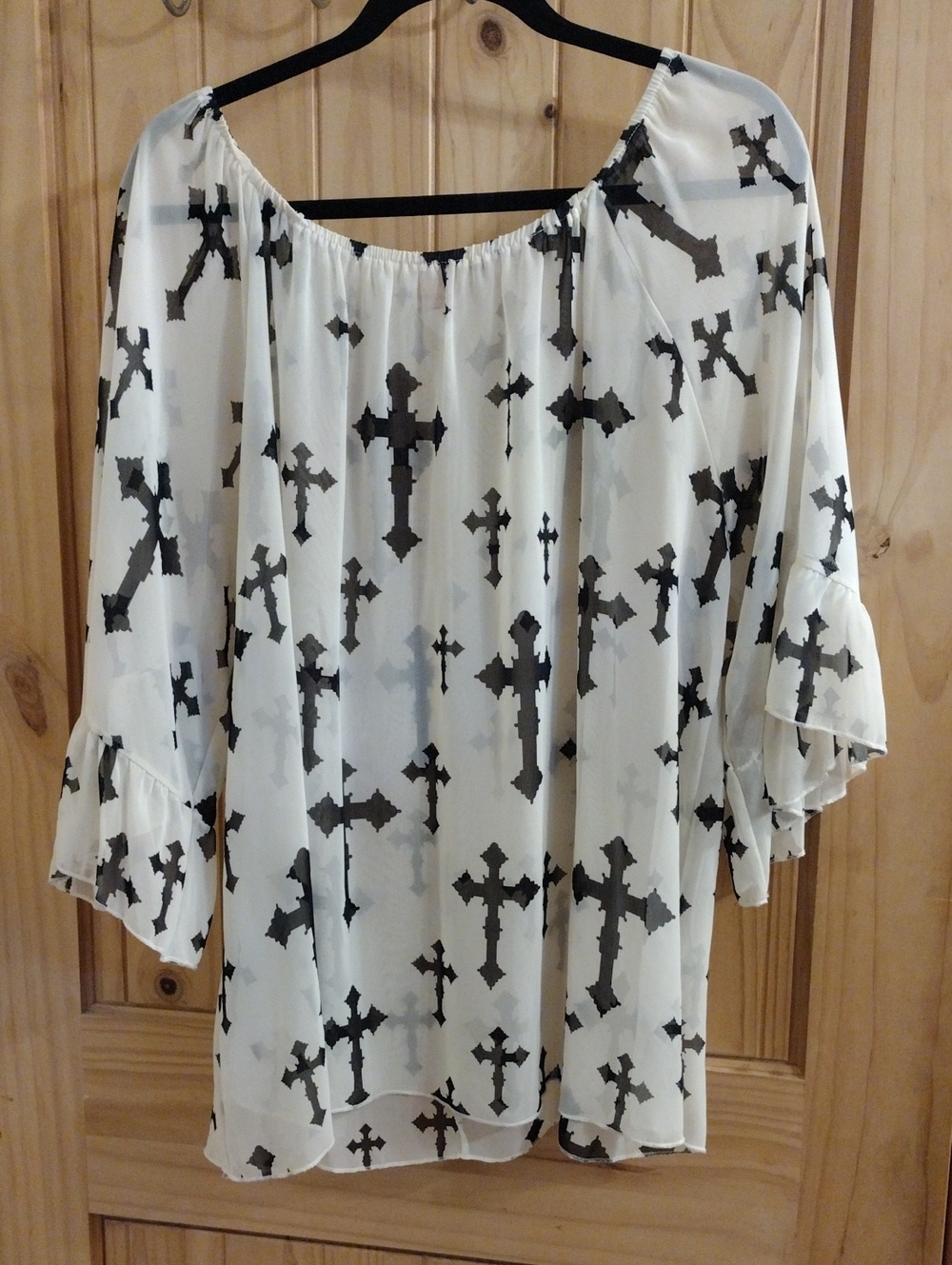 Women’s White Peasant Blouse with Black Cross Print